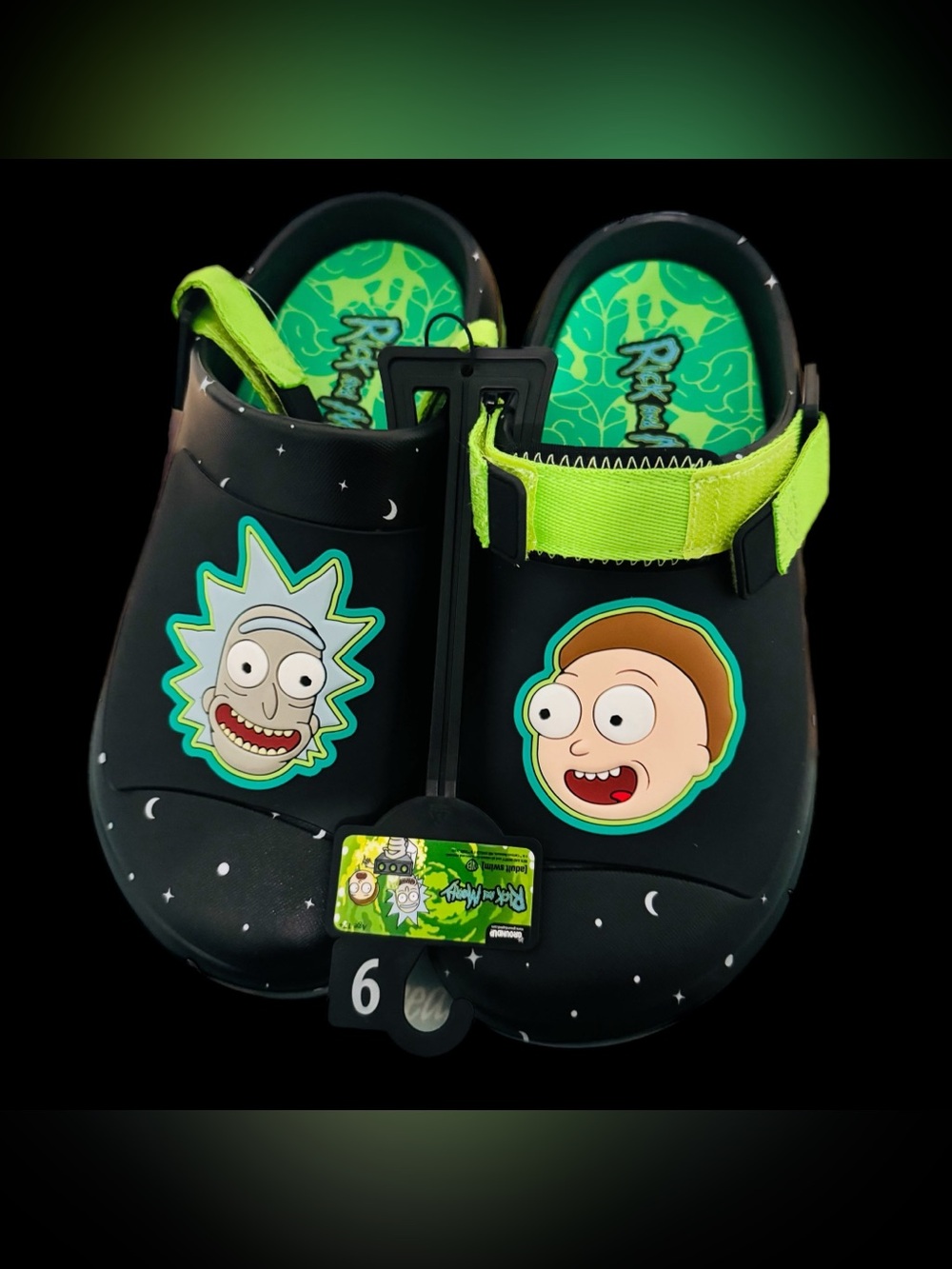 Crocs Men's Slip-On Sandals Black Green Rick Morty Cartoon Accent Size 9 Casual